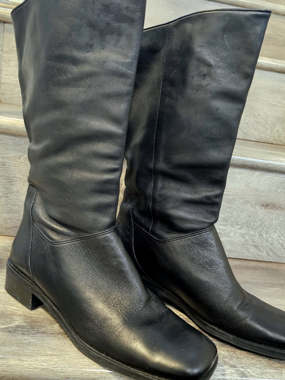 NATURALIZER  Black Mid-Calf Leather Women's Boots Square Toe Blovk Heel